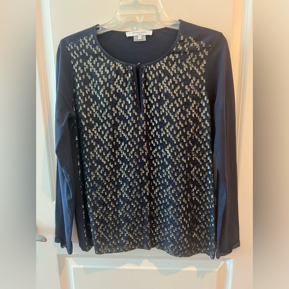 GERARD DAREL Women's Navy and Gold Patterned Top